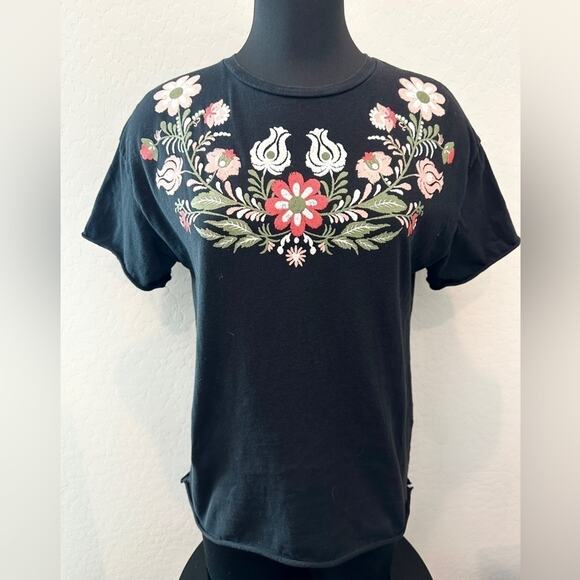 ZARA TRAFALUC | Black Embroidered Print Floral Boho Short Sleeve Tee | Small - Picture 2 of 7